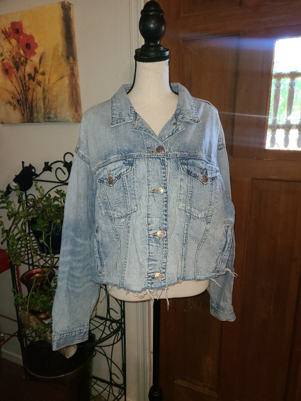 American Eagle Denim Jacket Womens XL Cropped Raw Edge Hem Casual Y2K